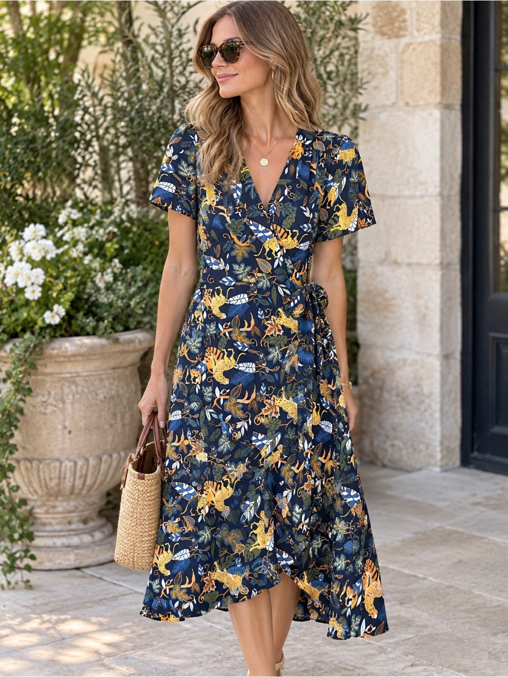 J.CREW Jungle Animal Leopard Print Wrap Midi Dress Size 2 Navy